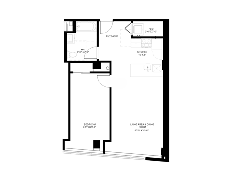 A black and white floor plan of a house with a kitchen, living room, and bedroom.